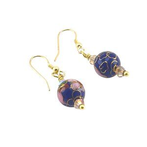 Cloisonné Beaded Dangle Earrings With Gold Hook & Crystal Accents For Women